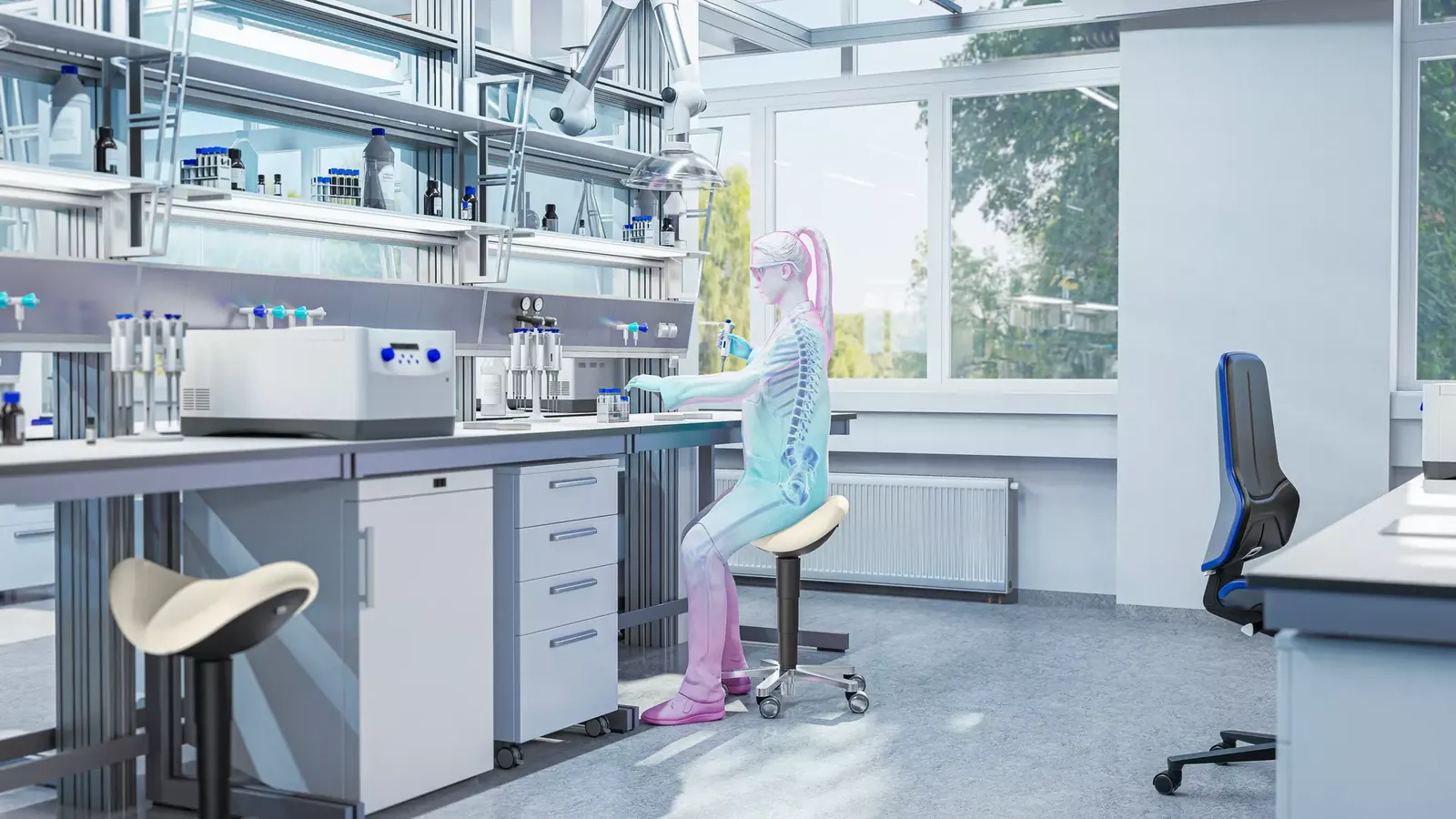 Illustration BIMOS d’un tabouret selle clair au laboratoire