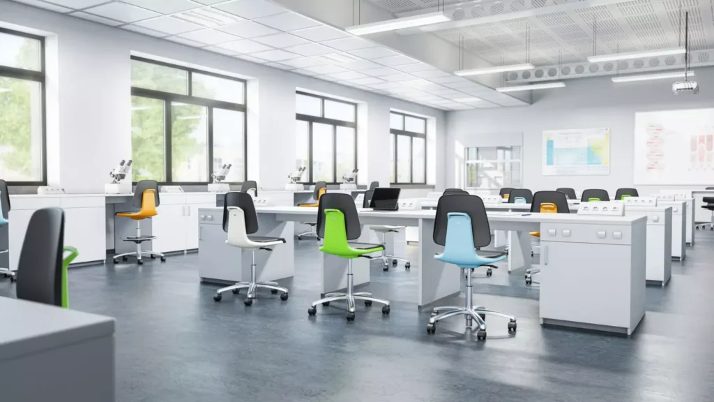 Salle de travaux pratiques équipée de sièges LABSIT de plusieurs couleurs le long des paillasses