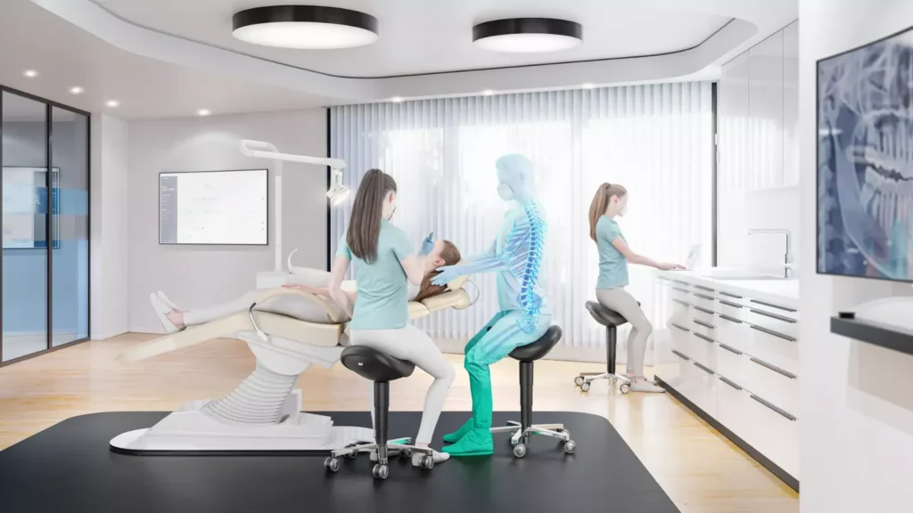 Salle de soins avec fauteuil de patient : praticiennes assises sur des tabourets selle BIMOS, posture du dos illustrée