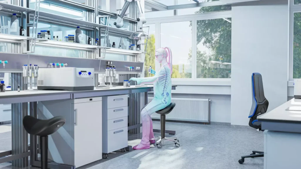 Personne assise sur un tabouret selle à une paillasse de laboratoire, posture illustrée