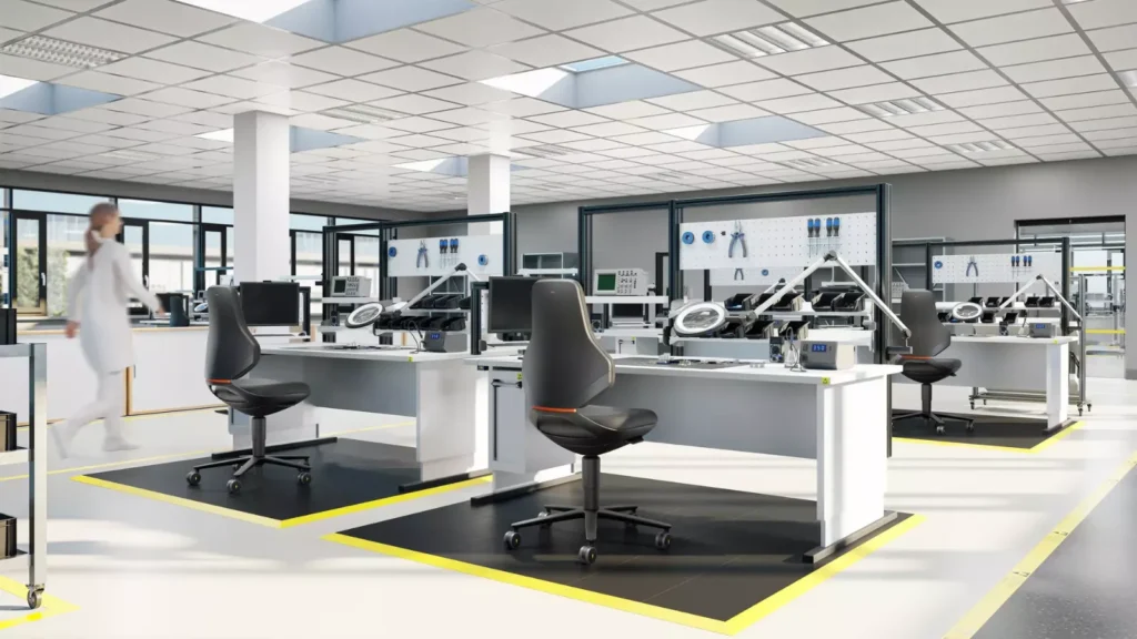 Chaises TEXON ESD à des postes de travail électroniques, sol marqué de la zone EPA
