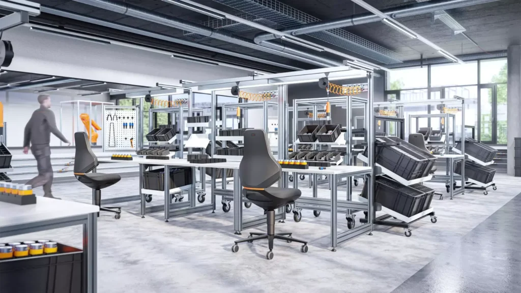 Chaises TEXON aux postes de montage d’un atelier de production