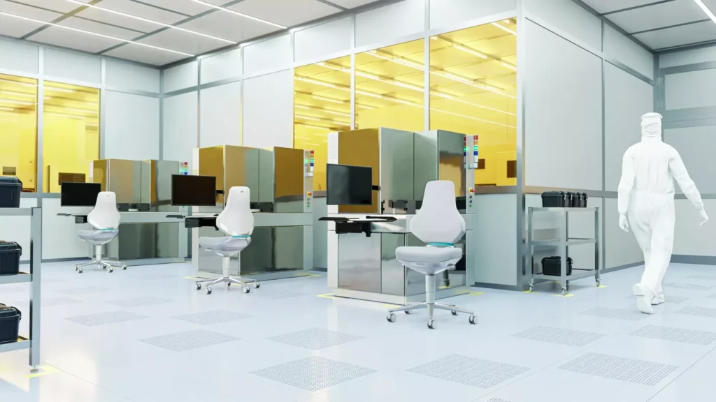 Chaises TEXON salle blanche dans un environnement contrôlé aux parois vitrées